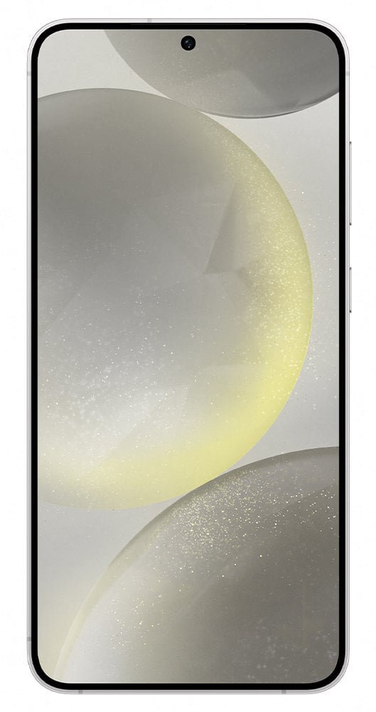 Smartfon ze srebrną ramką i wyświetlaczem, który pokazuje abstrakcyjne, rozmyte żółte i szare kształty.