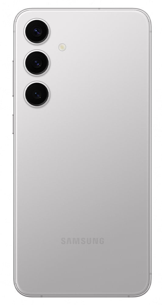 Tył srebrnego telefonu Samsung z trzema pionowo ustawionymi obiektywami aparatu i lampą błyskową.