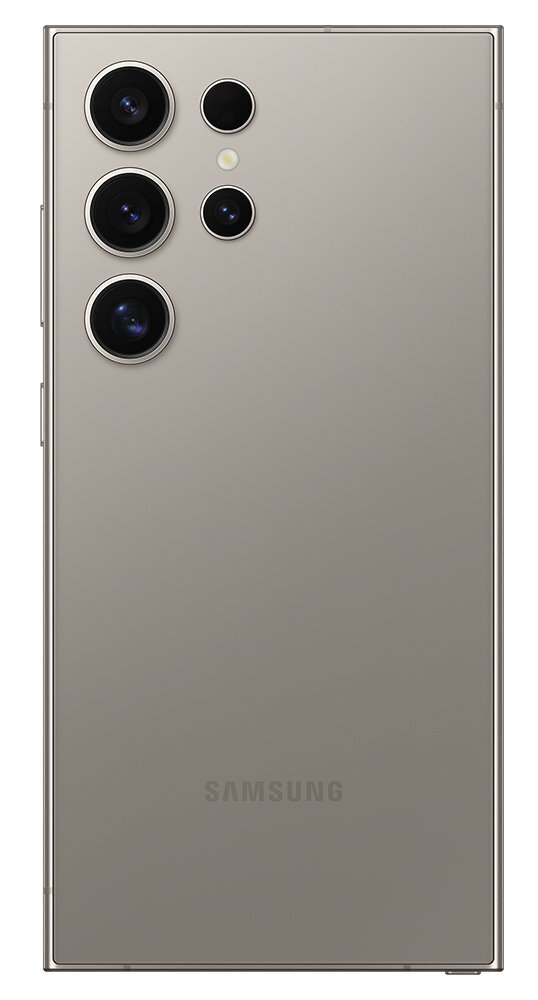 Tył beżowego telefonu Samsung. Ma kilka aparatów i widoczne jest logo Samsung.