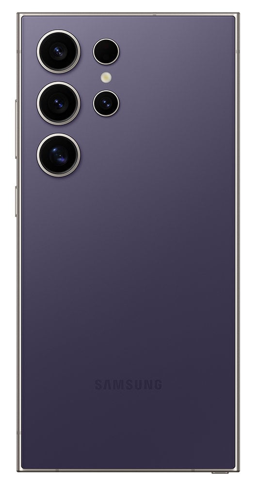 Tył ciemnofioletowego telefonu Samsung z wieloma aparatami.