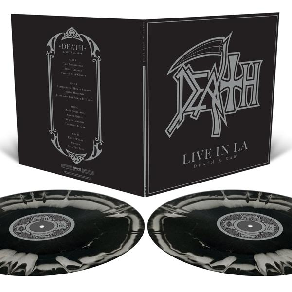 A Death 'Live in LA' című albumának borítója, fekete-fehér, szöveggel és logóval.