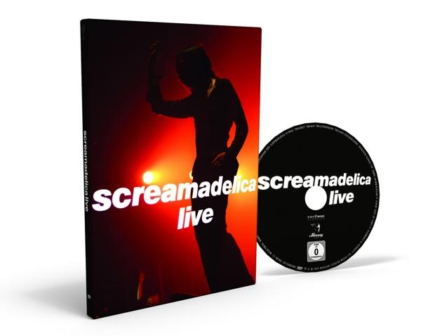 A 'Screamadelica Live' album CD-je és DVD-je piros háttérrel.