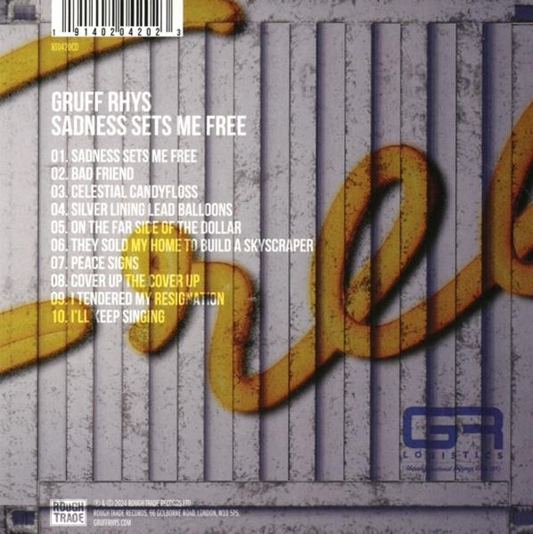 Rückseite eines Gruff Rhys Albums mit Trackliste und Logo.