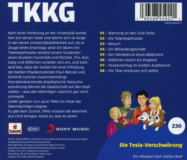Rückseite eines TKKG-Hörspiel-CD-Covers, Text und Bilder im Cartoon-Stil.