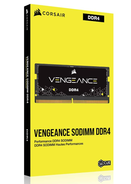 DDR4 RAM modülü, sarı ve siyah Corsair kutusunda, ürün adı kutunun üzerinde.