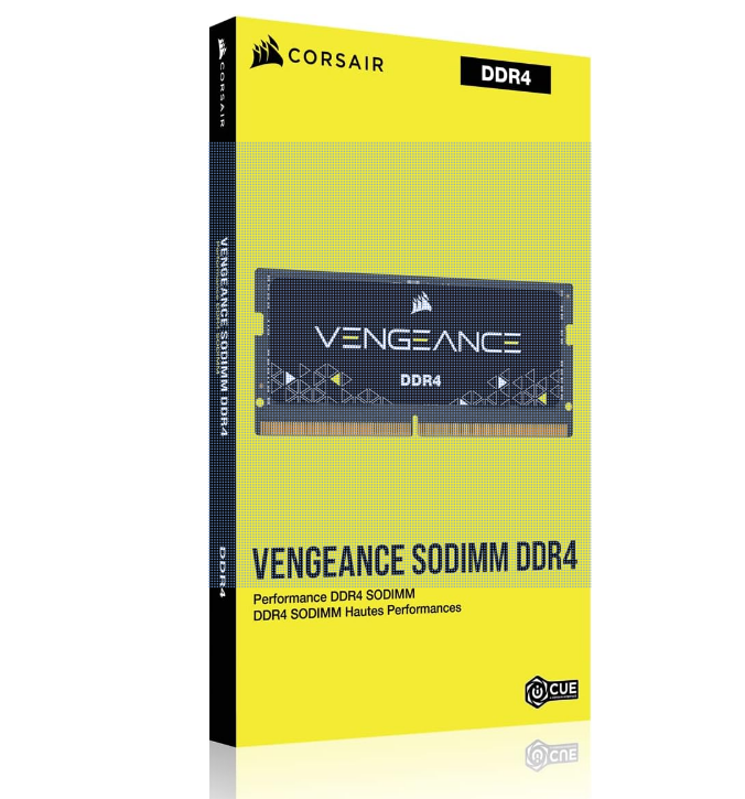 Sarı ve siyah bir kutuya sahip bir bellek çubuğu. Metin Vengeance SODIMM DDR4 yazıyor.