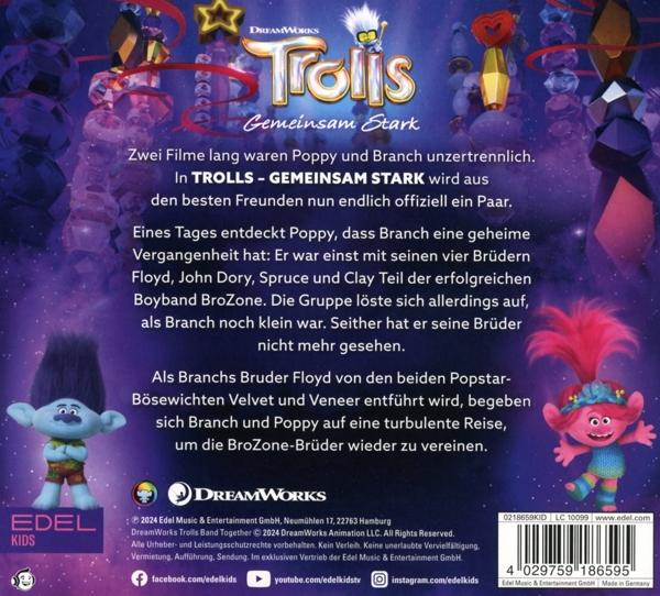 Trolls-Filmcover. Text auf Deutsch. Poppy und Branch zusammen. Andere Charaktere sind abgebildet.