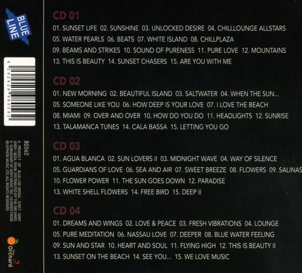Die Rückseite einer CD-Hülle mit Titellisten und Blue Line Logo.