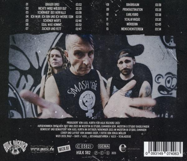 Albumcover mit Bandmitgliedern und Tracklist. Schwarzer Hintergrund.