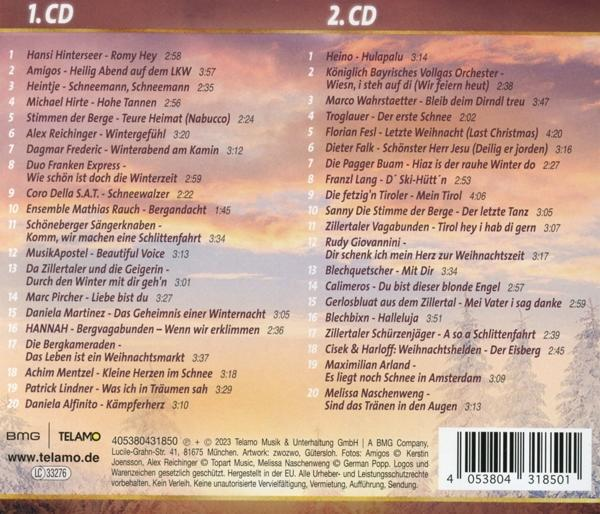 CD-Cover mit Songtiteln und Künstlern. Winter- und Schneethema. Text auf Deutsch.