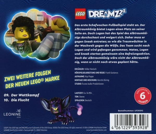 LEGO Dreamzzz Box-Rückseite. Charaktere, Text und ein lila Monster. Cartoonstil, helle Farben.