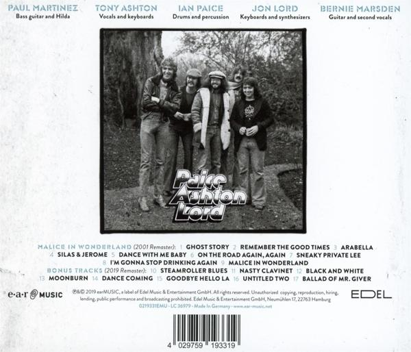 Rückseite eines CD-Covers mit Bandmitgliedern und Titelliste. Der Bandname ist Peter Ashton Lord. Der Hintergrund ist schwarzweiß.