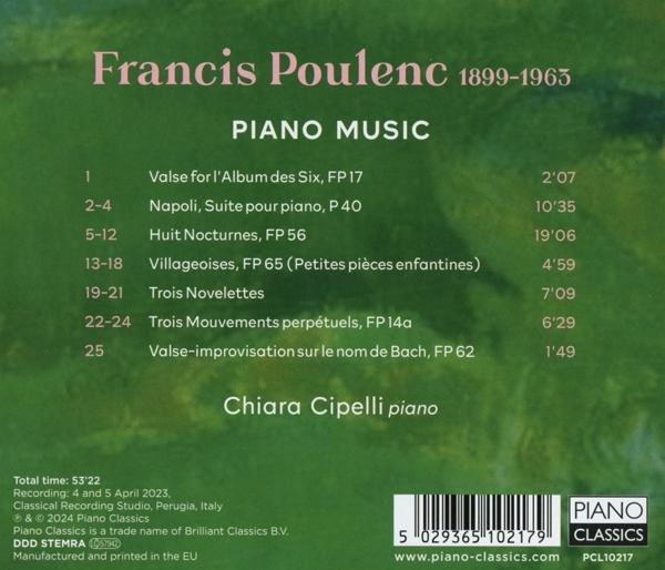 Rückseite eines Albums mit Francis Poulencs Klaviermusik, Titelliste und Details.