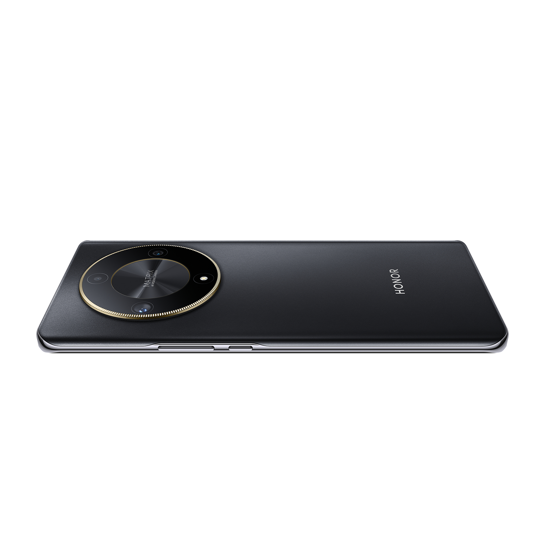 Schwarzes Smartphone mit kreisförmigem Kameradesign, liegt flach.