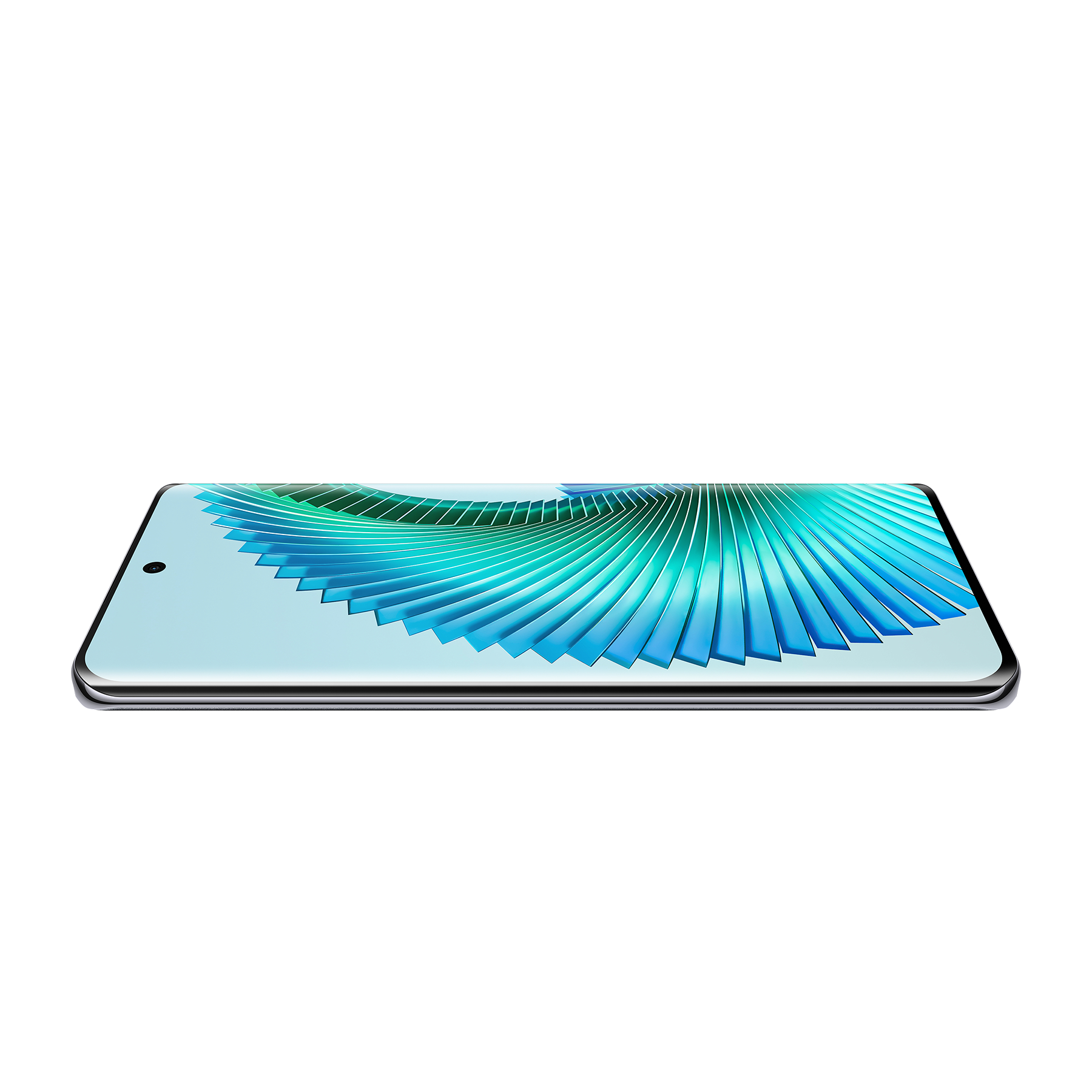Ein Smartphone liegt flach und zeigt einen Bildschirm mit türkisfarbenen und weißen geschwungenen Linien vor weißem Hintergrund.