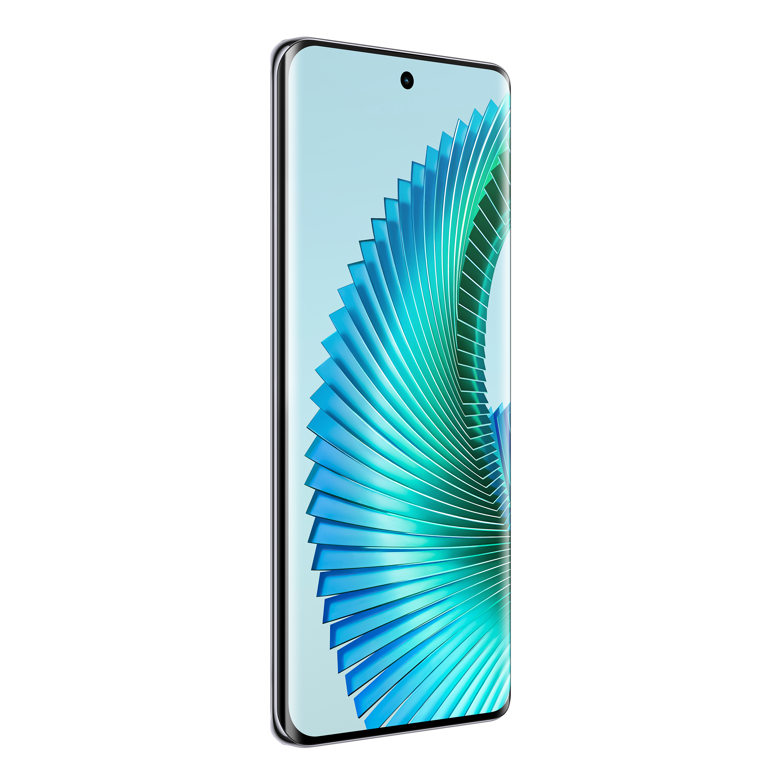Ein Smartphone mit einem blau-grünen Wellendesign auf dem Bildschirm. Das Telefon ist weiß.