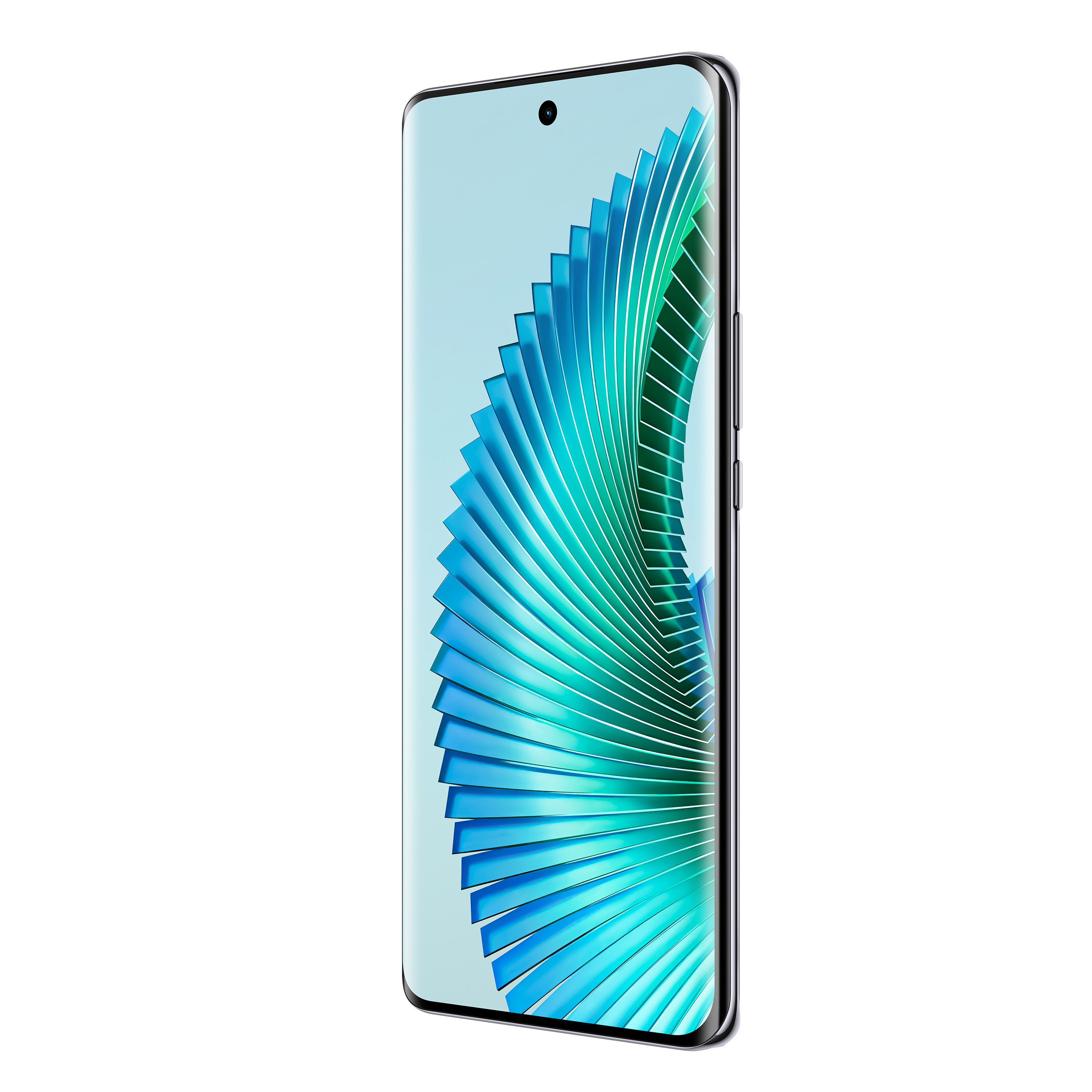 Ein Smartphone mit gebogenem Bildschirm, das ein farbenfrohes abstraktes Design zeigt, auf weißem Hintergrund.