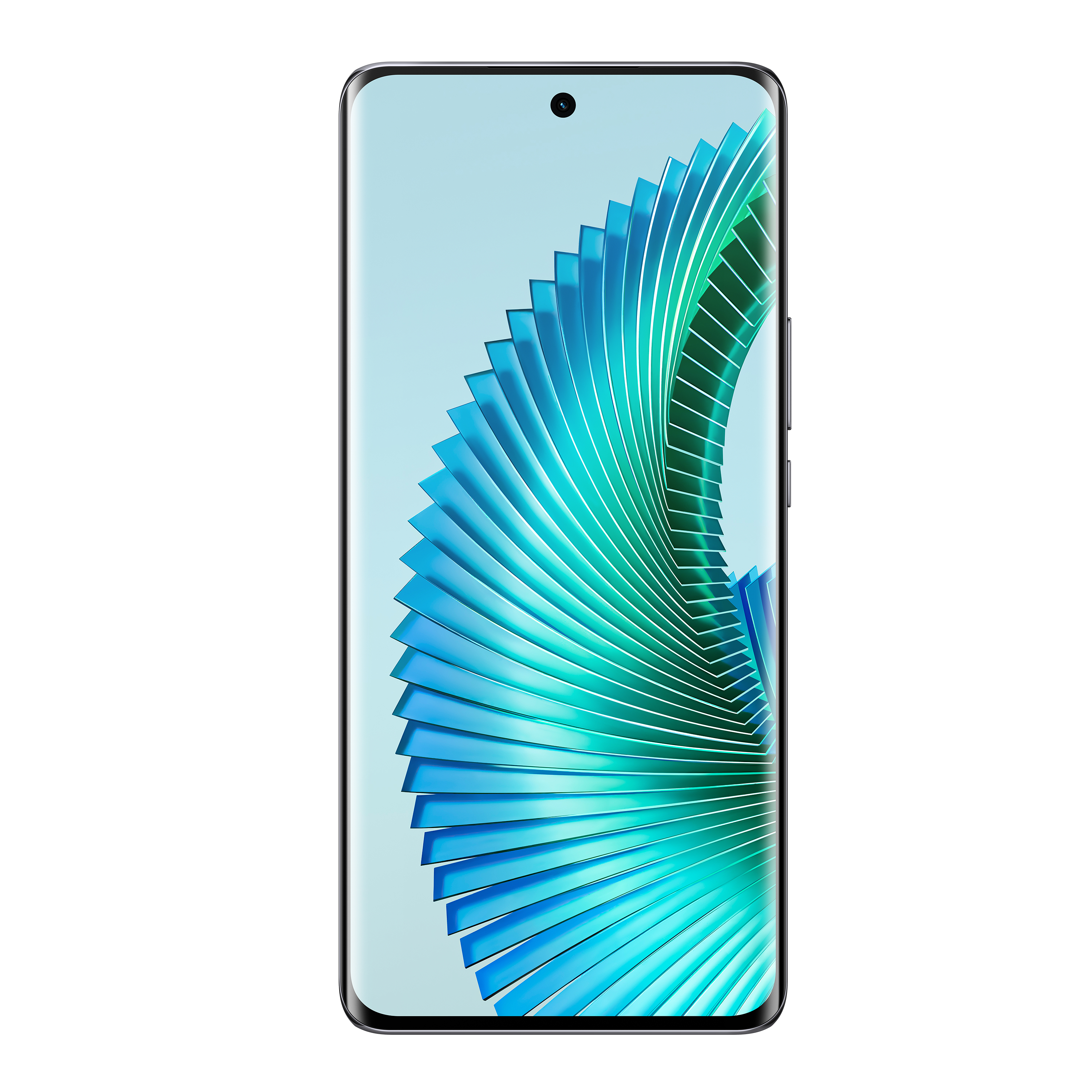 Ein Telefonbildschirm zeigt blaue und grüne abstrakte Formen mit einer Frontkamera.