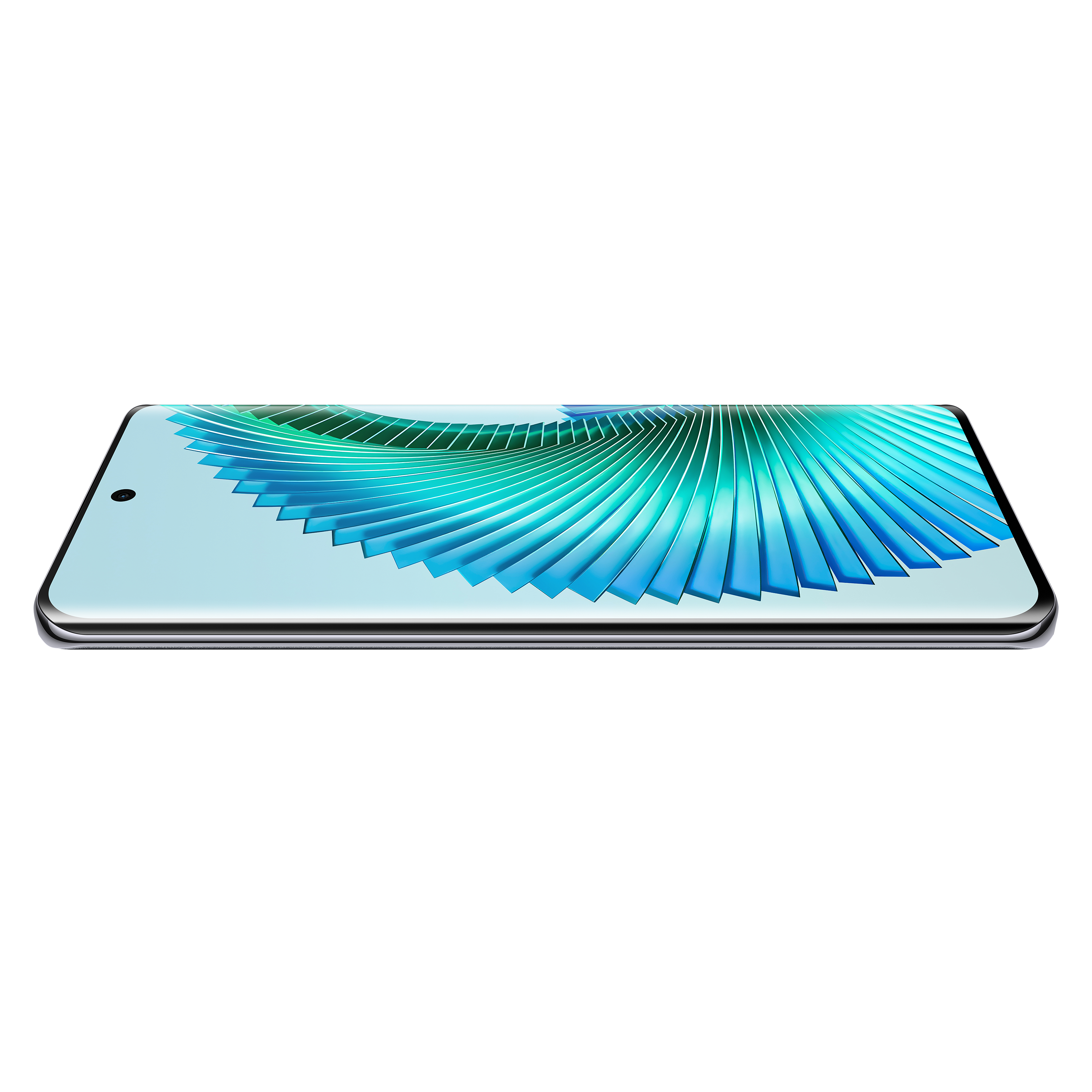 Ein Smartphone mit gebogenem Bildschirm, das ein blaues und grünes abstraktes Design zeigt.