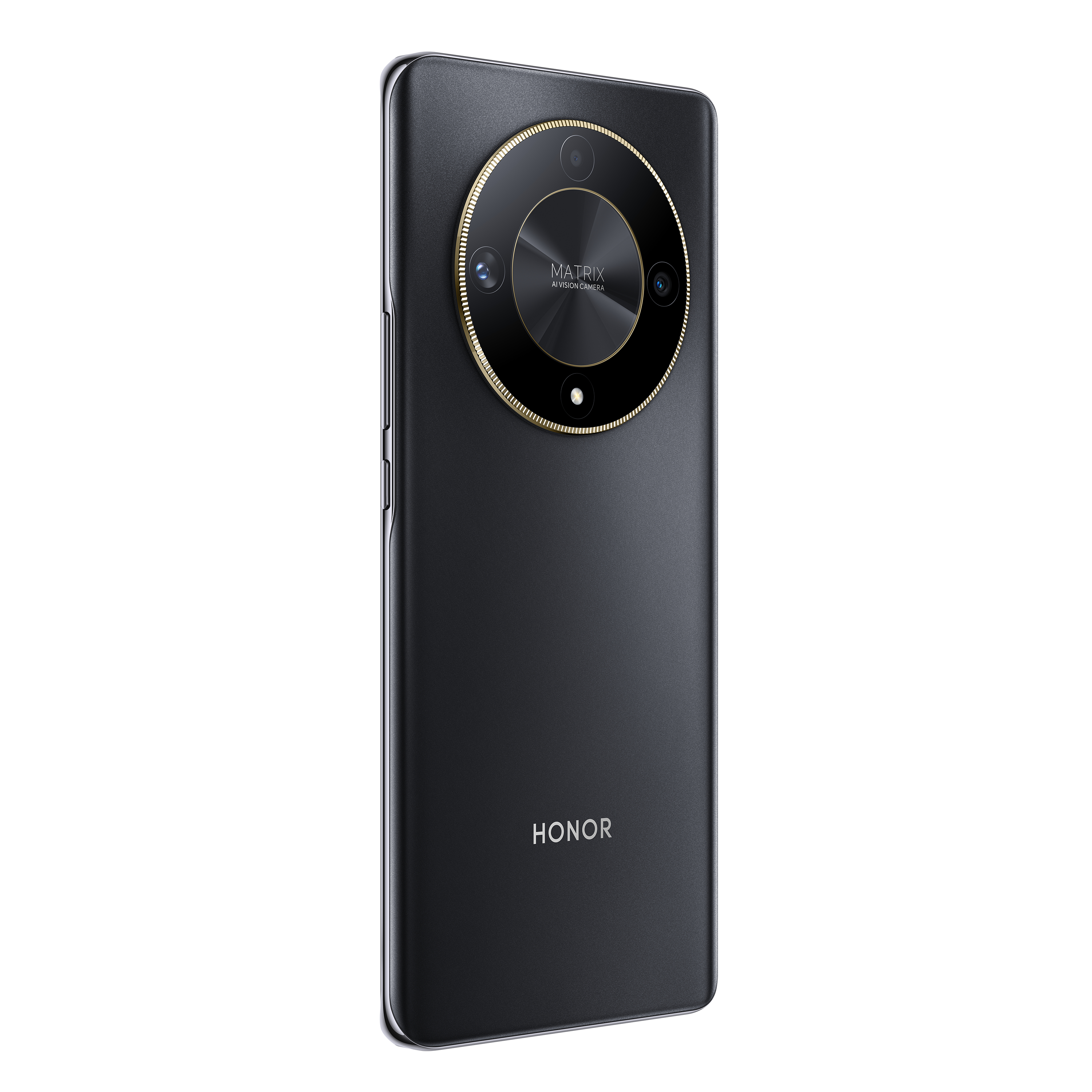 Schwarzes Telefon mit auffälliger Kameraanordnung auf der Rückseite, goldener Ring.