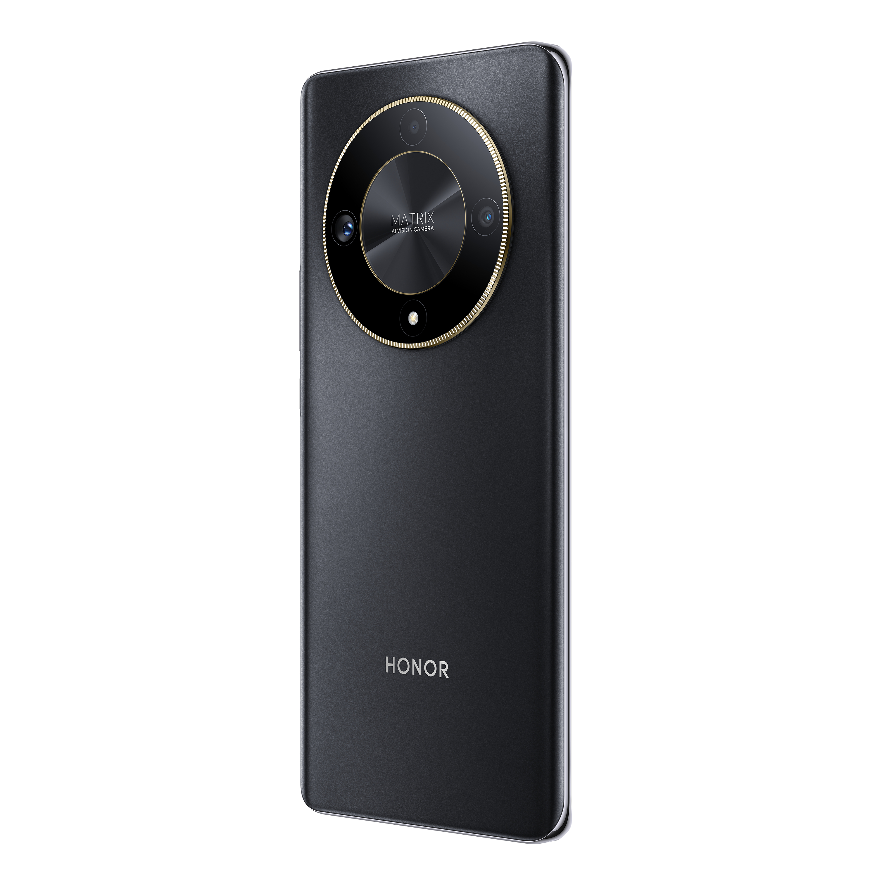 Schwarzes Honor-Telefon von hinten, mit großem Kameramodul und Honor-Logo.