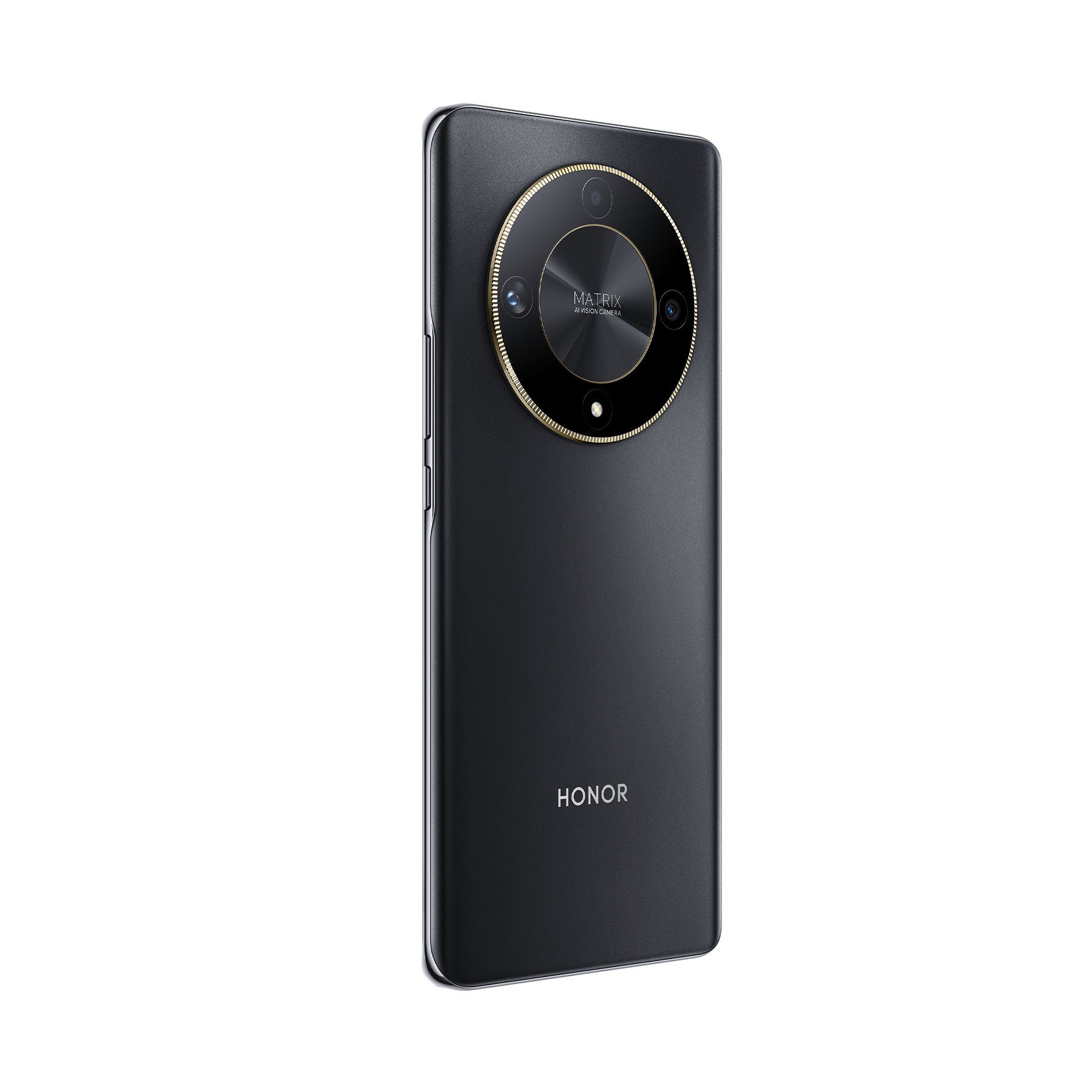 Schwarze Smartphone-Rückseite, goldener Kameraring, schwarze Kameralinsen und silberner Rahmen. HONOR-Logo unten.