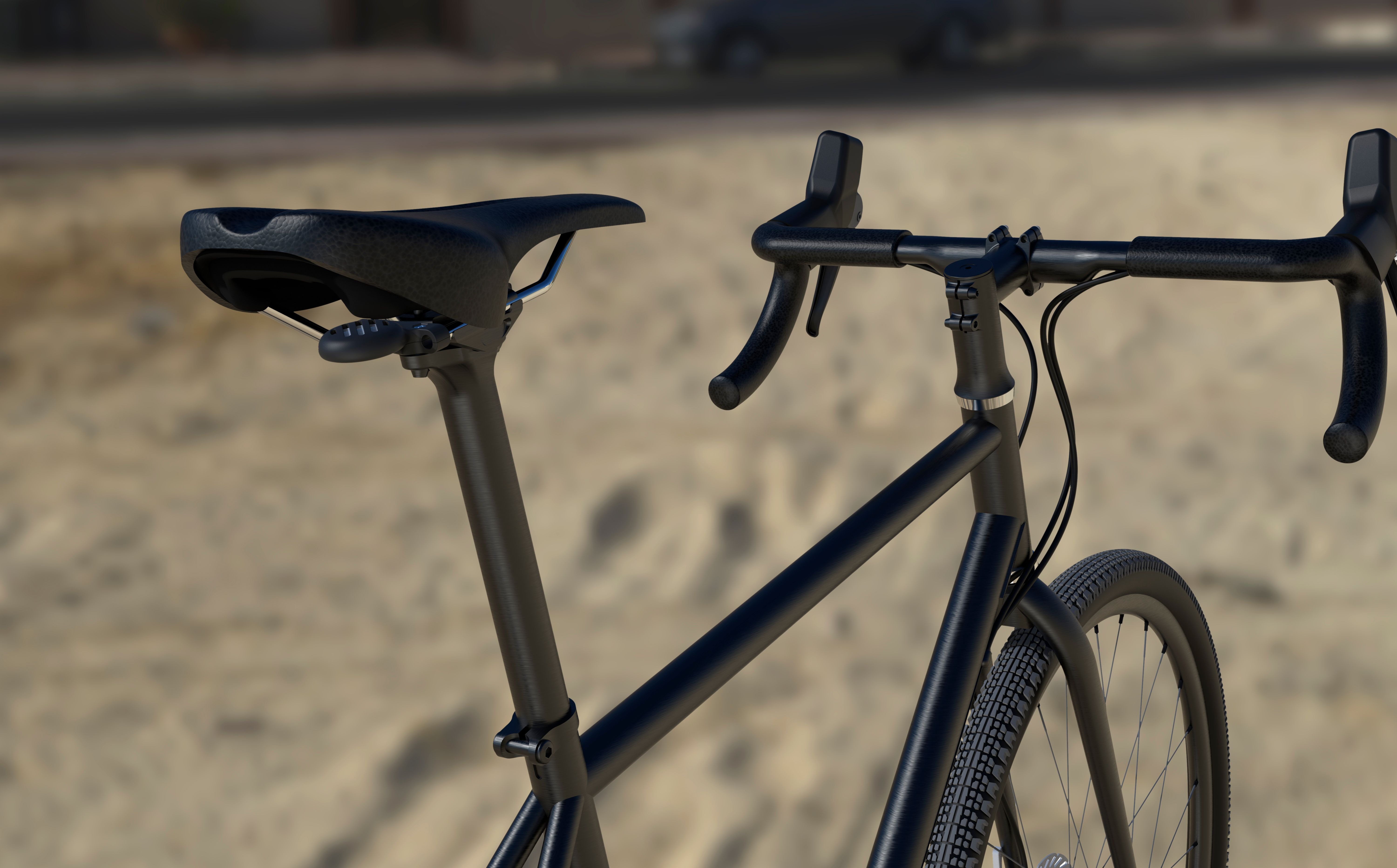 Un vélo de route noir avec guidon et selle au premier plan, sable en arrière-plan.