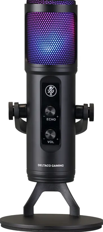 Microfono nero con illuminazione LED, controlli eco e volume, e "DELTACO GAMING".