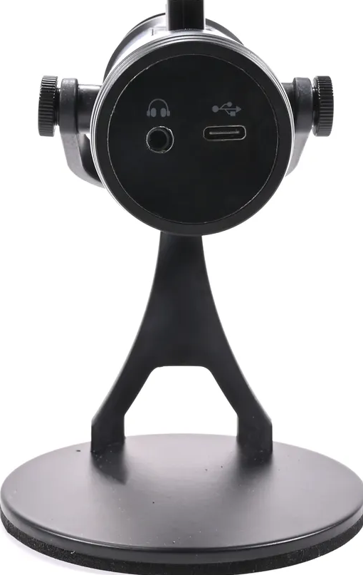 Viene visualizzato un microfono nero su un supporto con un jack per cuffie e una porta USB-C.