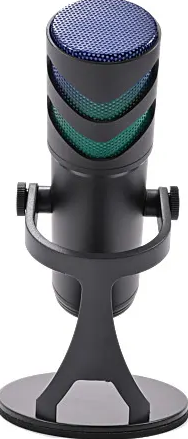 Microfono nero con rete blu e verde sopra, su un supporto, sfondo bianco.