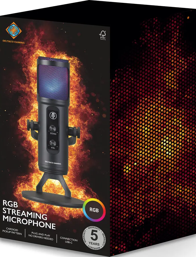 Un microfono nero con illuminazione RGB è su una confezione con sfondo infuocato.