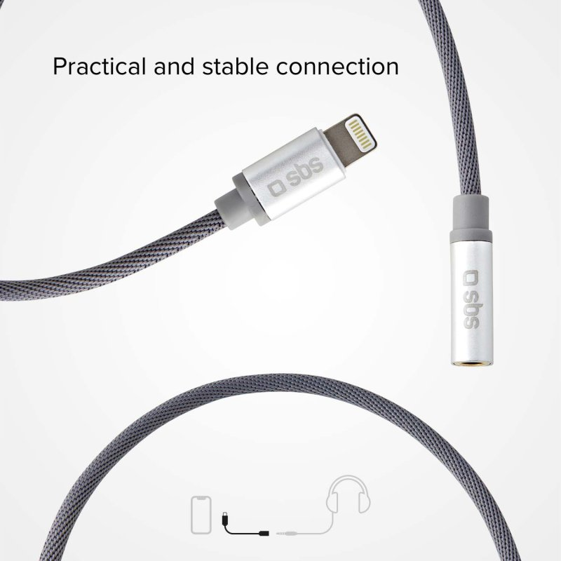 Ein Kabel mit Lightning-Anschluss und 3,5-mm-Klinke. Text: Praktische und stabile Verbindung.
