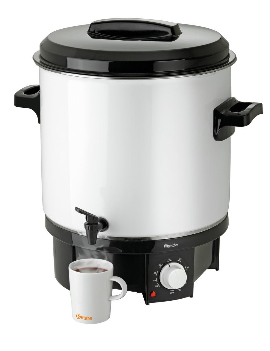 Ein weiß-schwarzer Wasserkocher mit einer Tasse Tee. Er hat einen Wasserhahn, Temperaturregelung und einen Deckel. Ein Bartscher-Logo ist sichtbar.