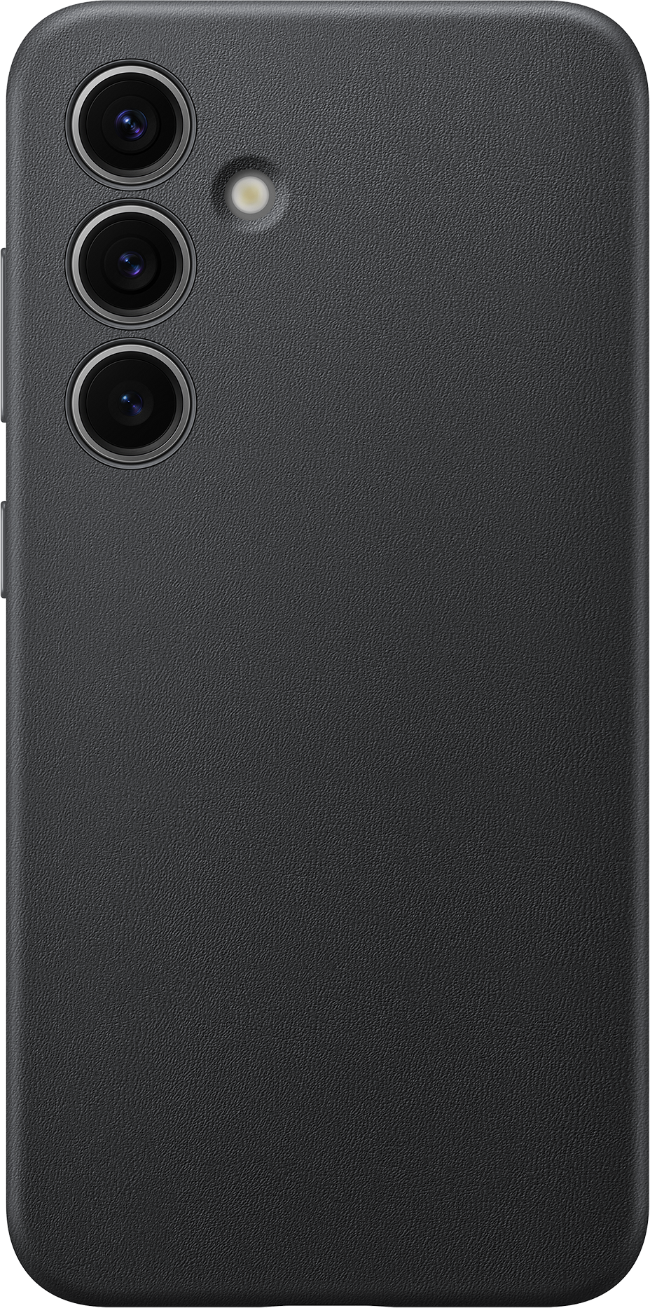 Telefono nero con tre fotocamere. Sfondo grigio scuro.