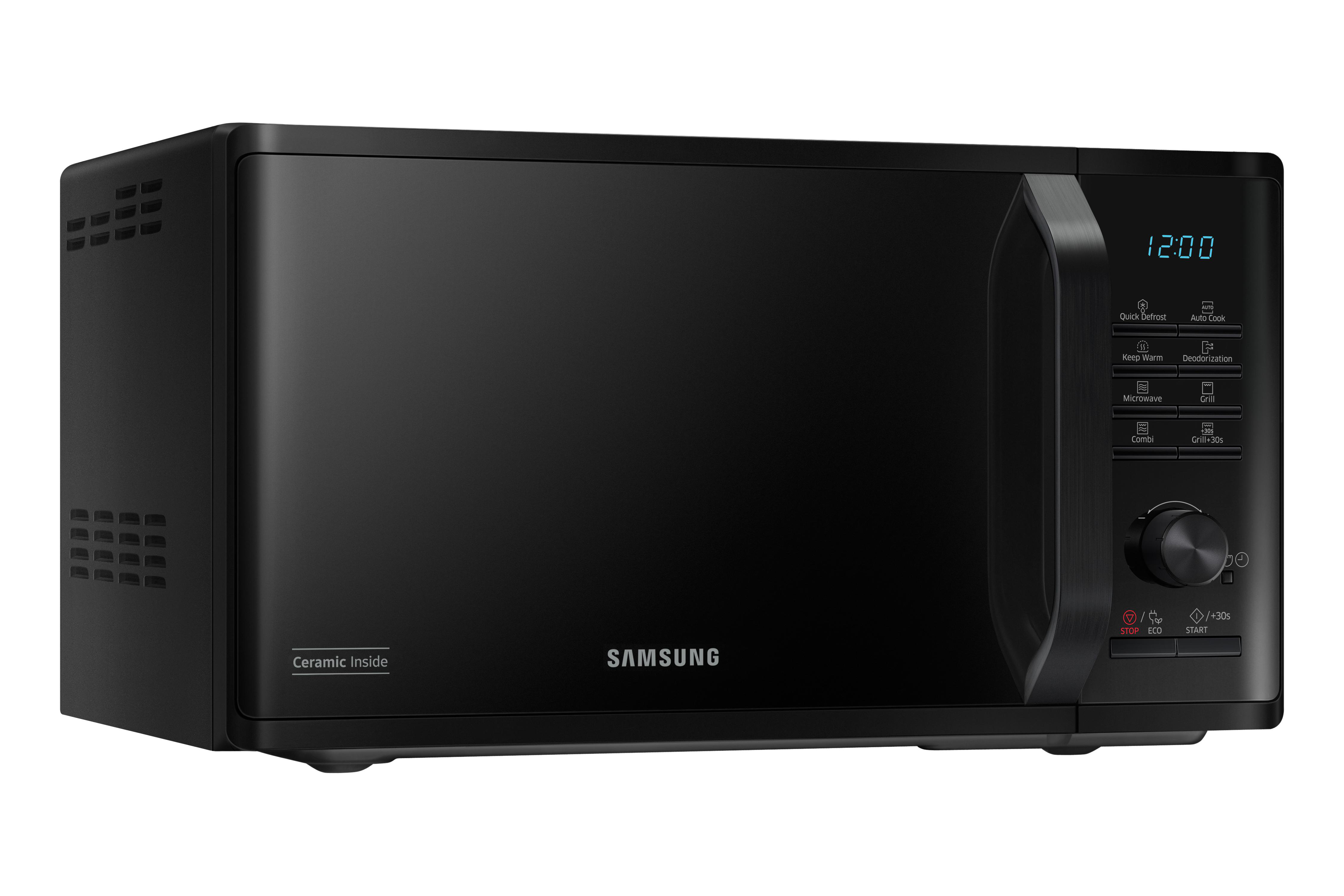 Schwarzer Samsung-Mikrowellenherd mit Digitaluhr und Bedienfeld vor Weiß.