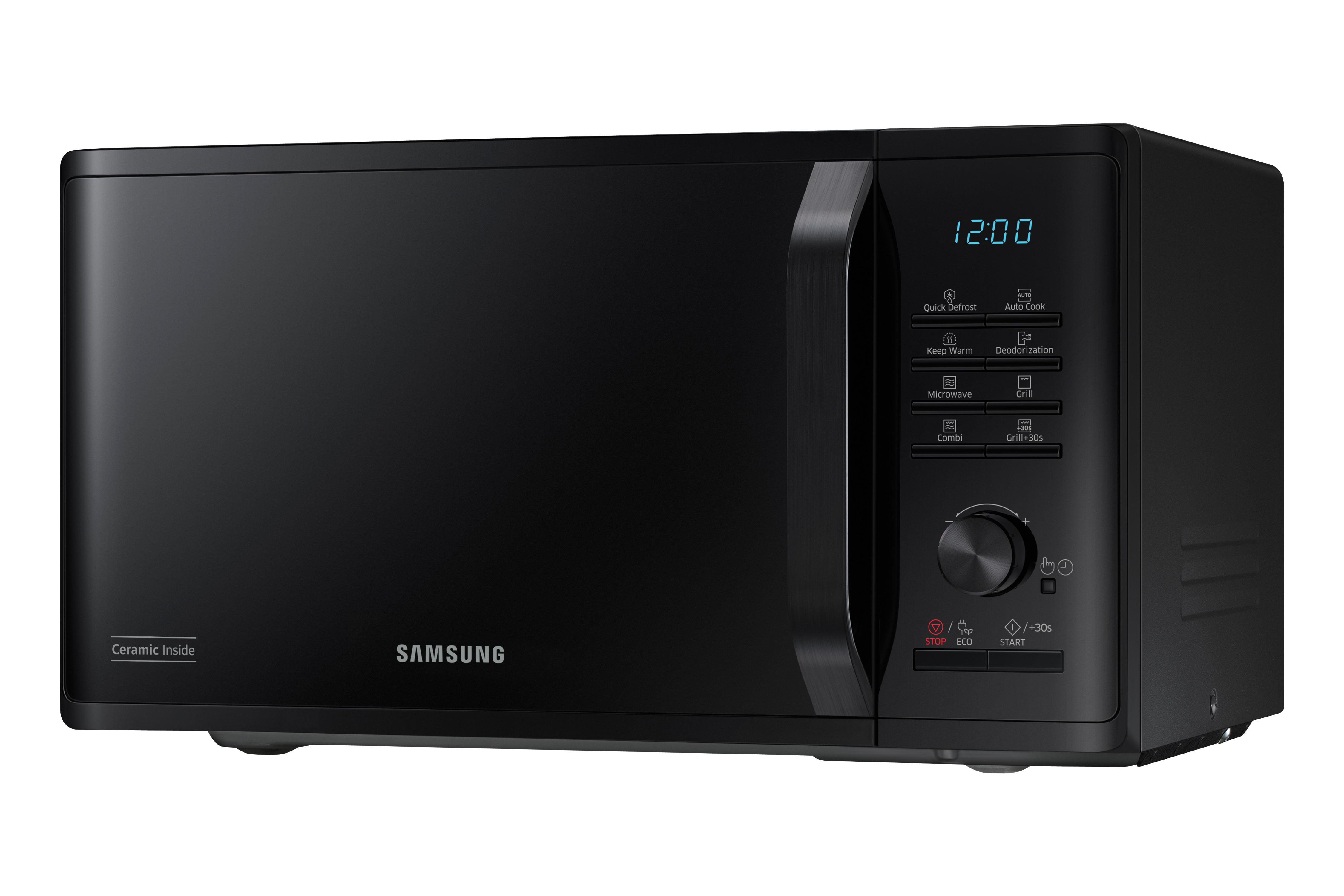 Schwarze Samsung-Mikrowelle mit Digitalanzeige und Bedienfeld. Die Tür ist geschlossen.