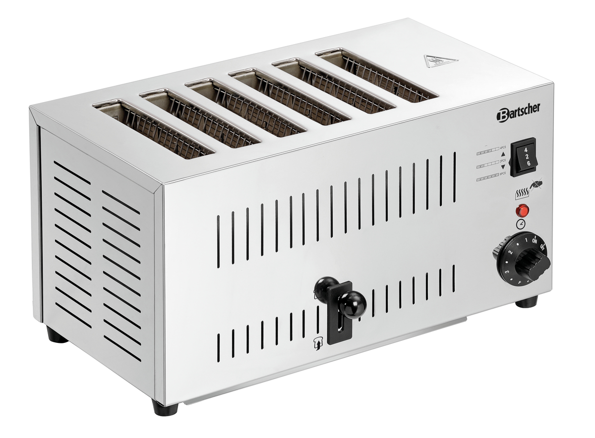 Ein Edelstahltoaster mit sechs Schlitzen, einem Bedienfeld mit Einstellungen und einem Hebel. Die Marke ist Bartscher.