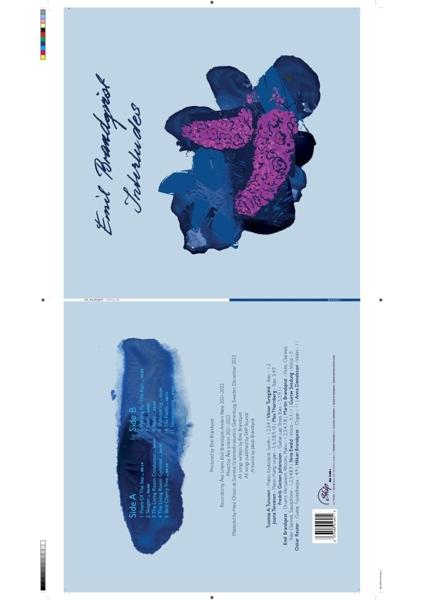 Albumcover mit blauem und lila abstraktem Design. Text auf dem Cover.