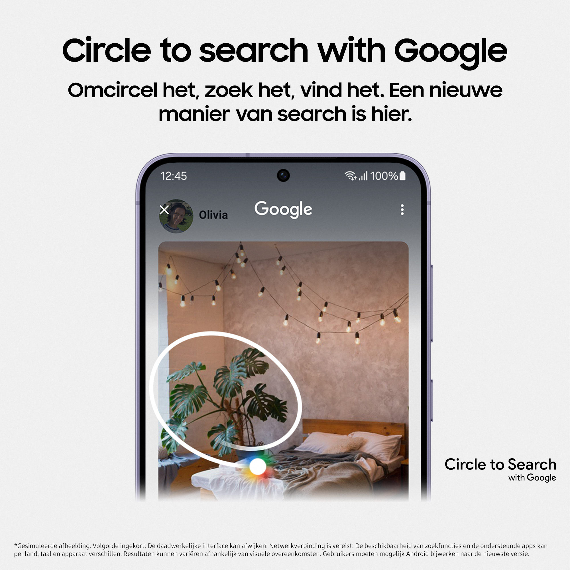 Telefoon toont plant met cirkel, tekst: Circle to search with Google.