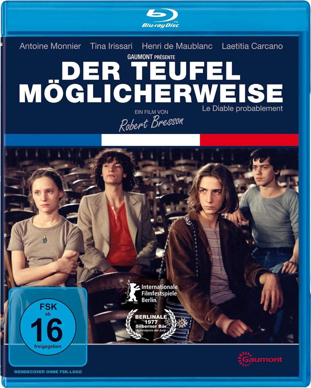 Blu-ray-Cover für Der Teufel Möglicherweise. Gruppe von Leuten in verschiedenen Kleidern. Französische Flaggenfarben.