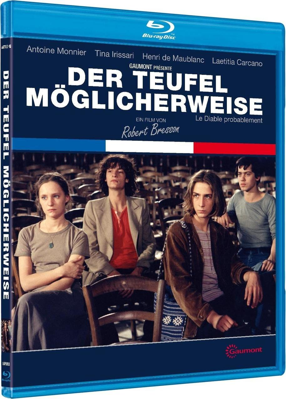 Filmcover: Der Teufel Möglicherweise. Blaues und weißes Design mit Personen.