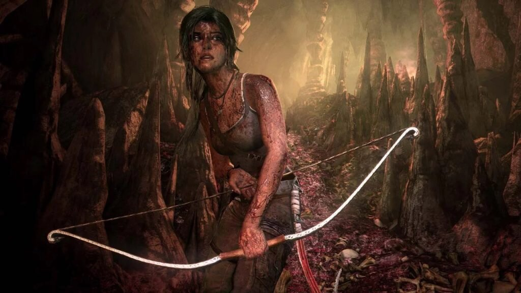 Kobieta z łukiem w ciemnej jaskini, pokryta krwią.