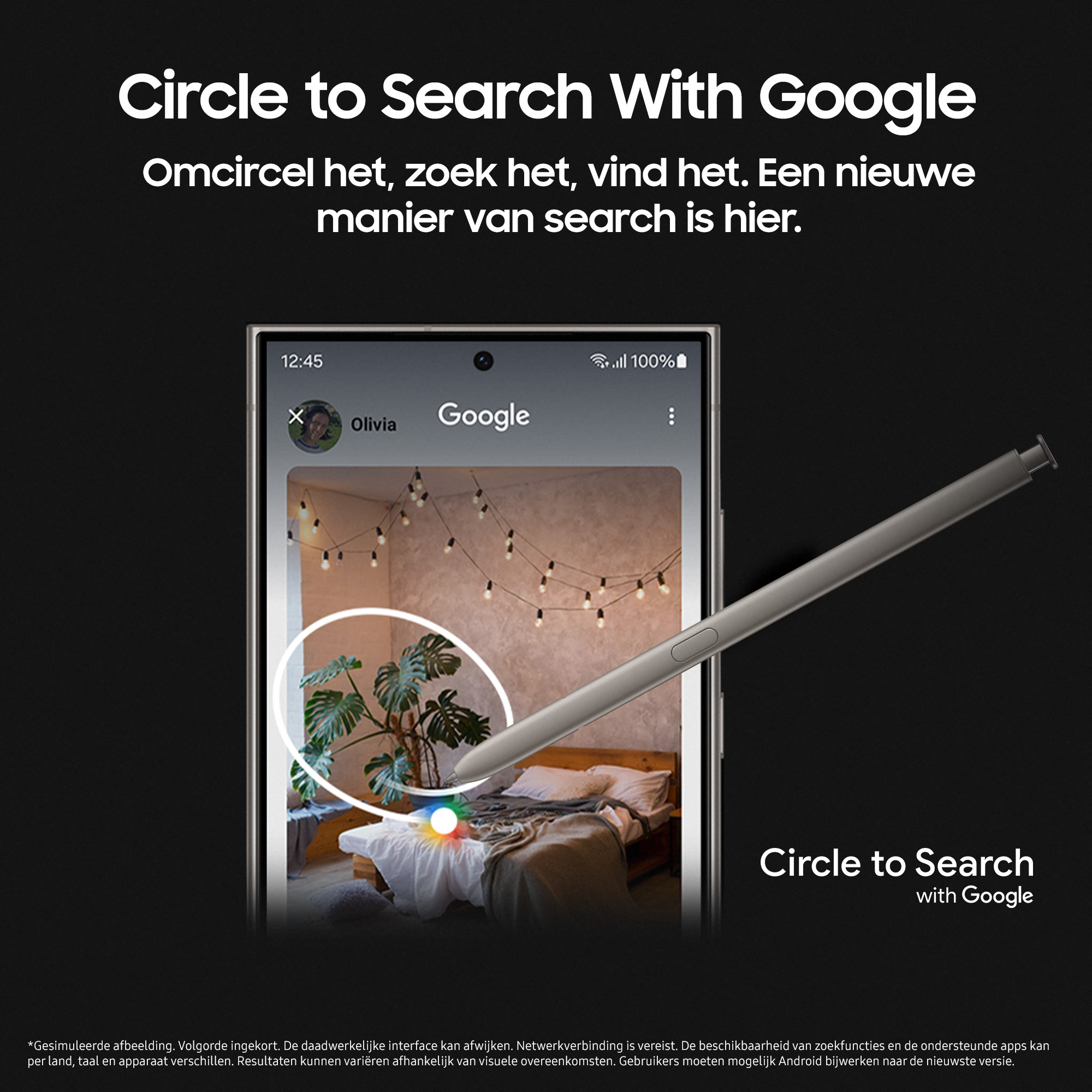 Een telefoon met een Google zoekcirkel-functie en een zwevende pen, met tekstoverlay.
