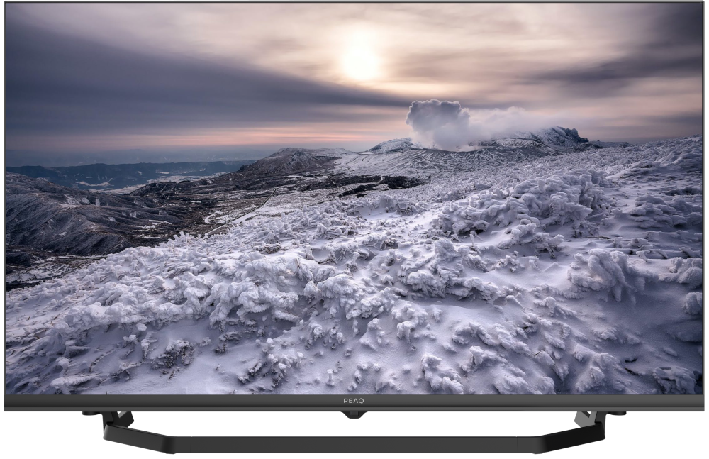 TV screen displaying a snowy landscape with a bright sun and mountain.