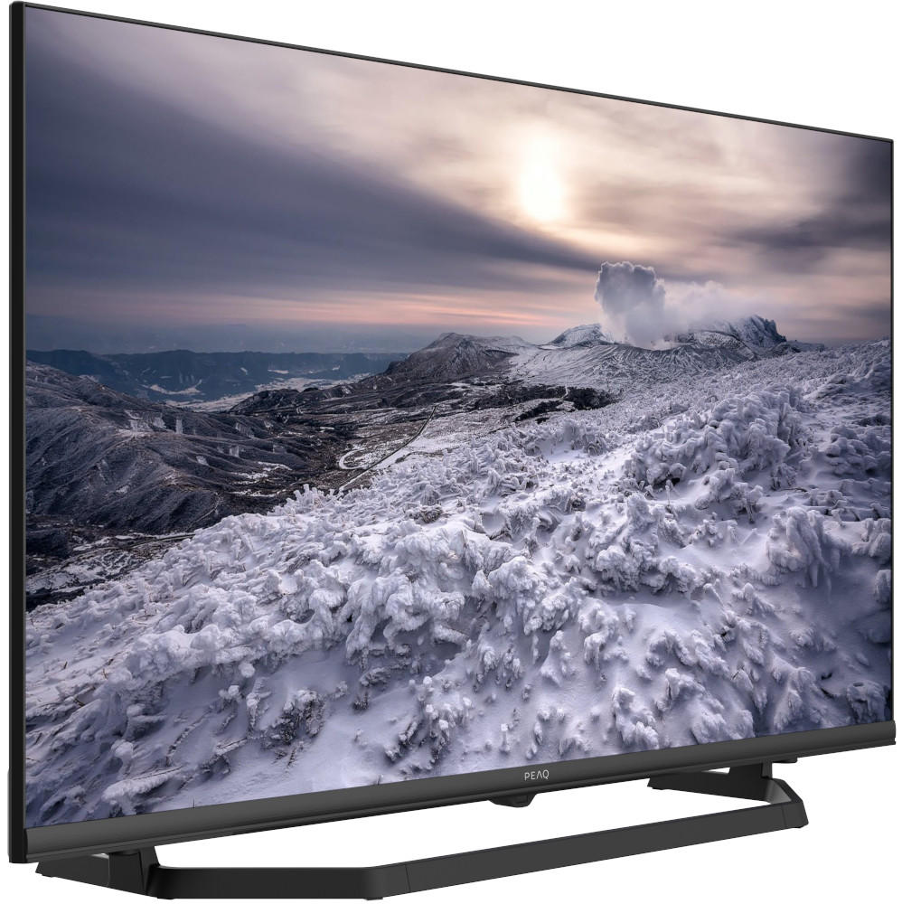 A large flat-screen TV displaying a snowy mountain landscape, with black stand and frame.