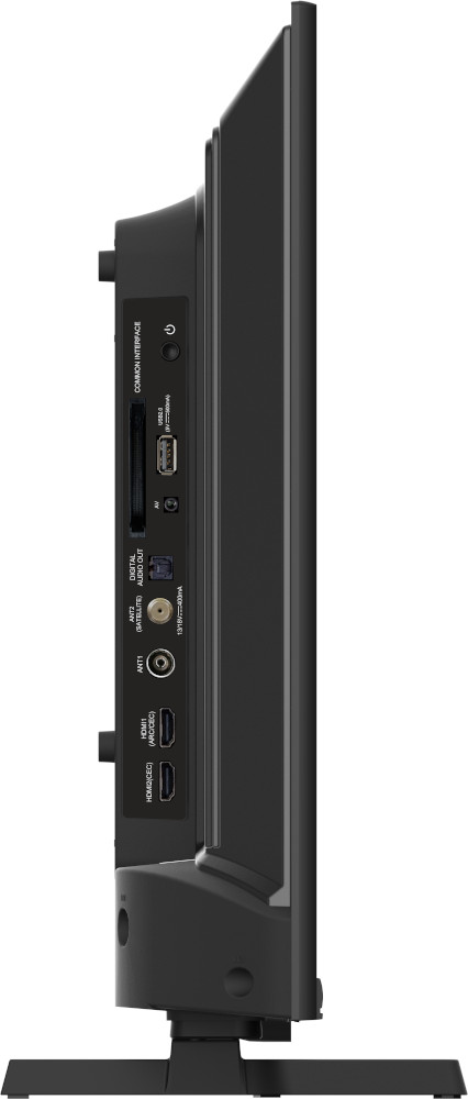 A side view of a black TV, showing the ports and connections on the side.