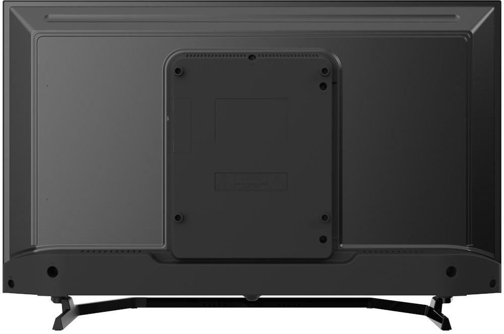 The back of a black TV with a stand. It has a mounting plate and some labels.