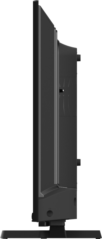 Black TV, side view, with stand.