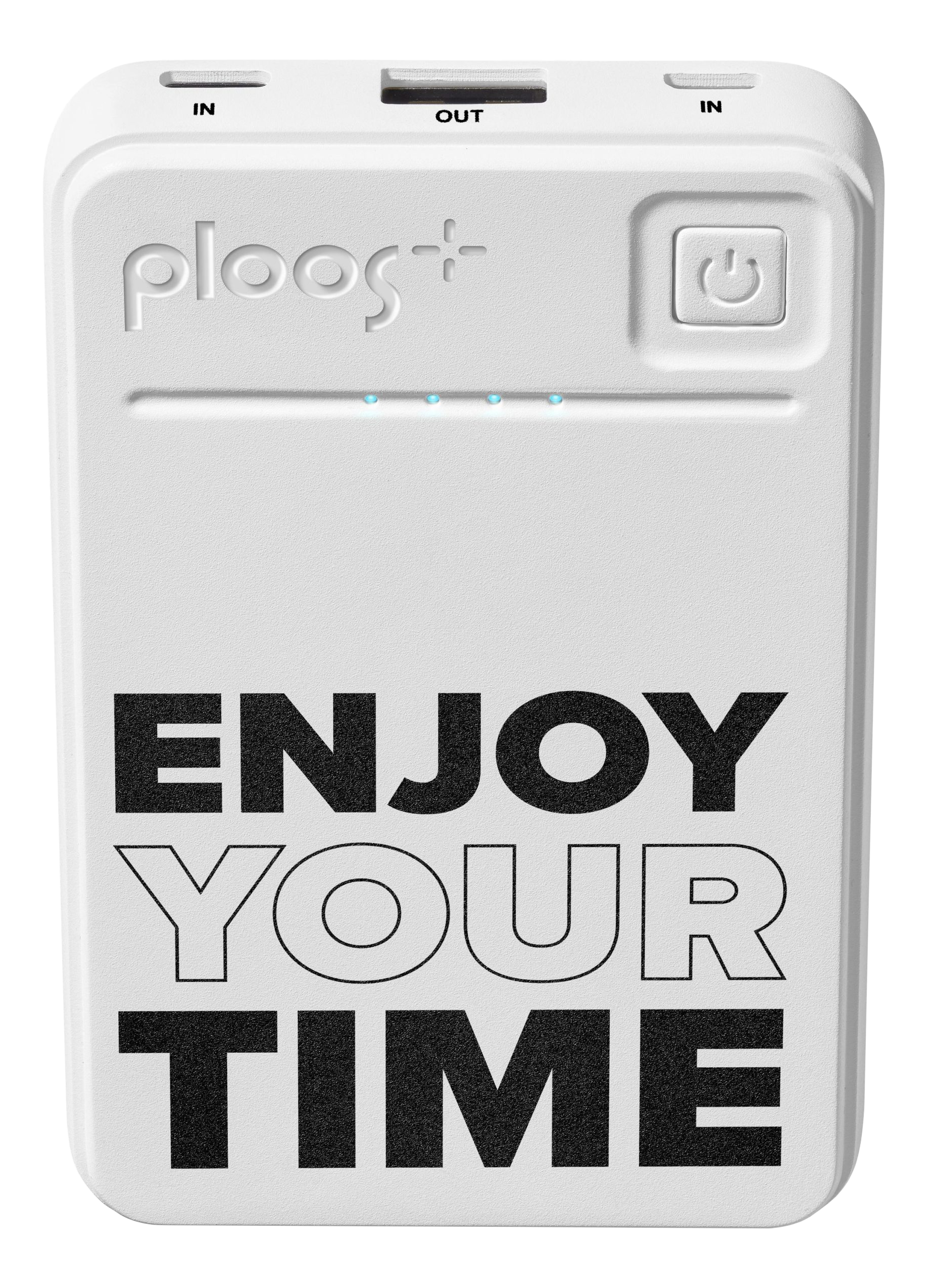 Weißer tragbarer Ladegerät mit schwarzem Text: Enjoy Your Time.