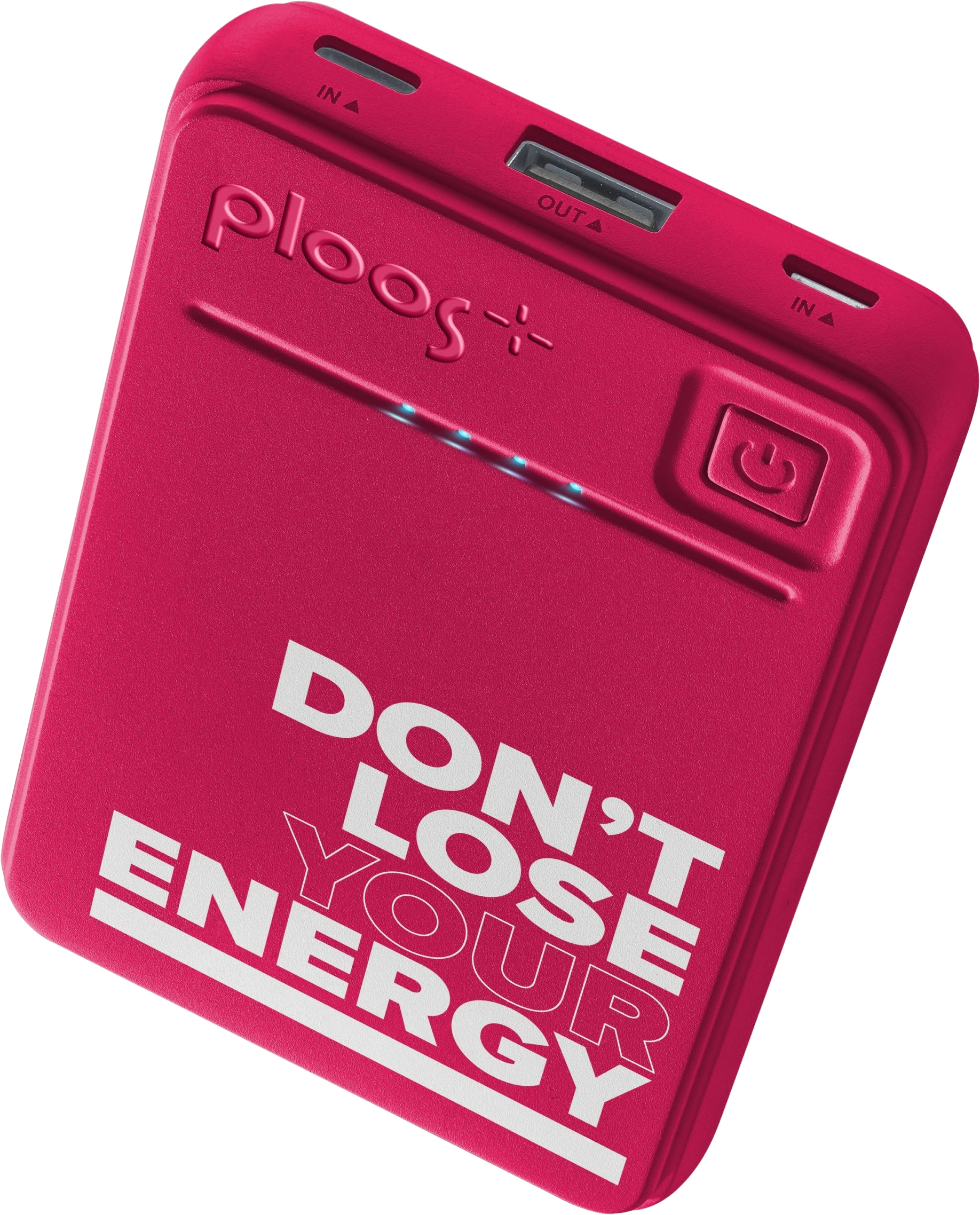 Rote Powerbank mit weißem Text 'DON'T LOSE YOUR ENERGY'. Schwarzer Hintergrund.